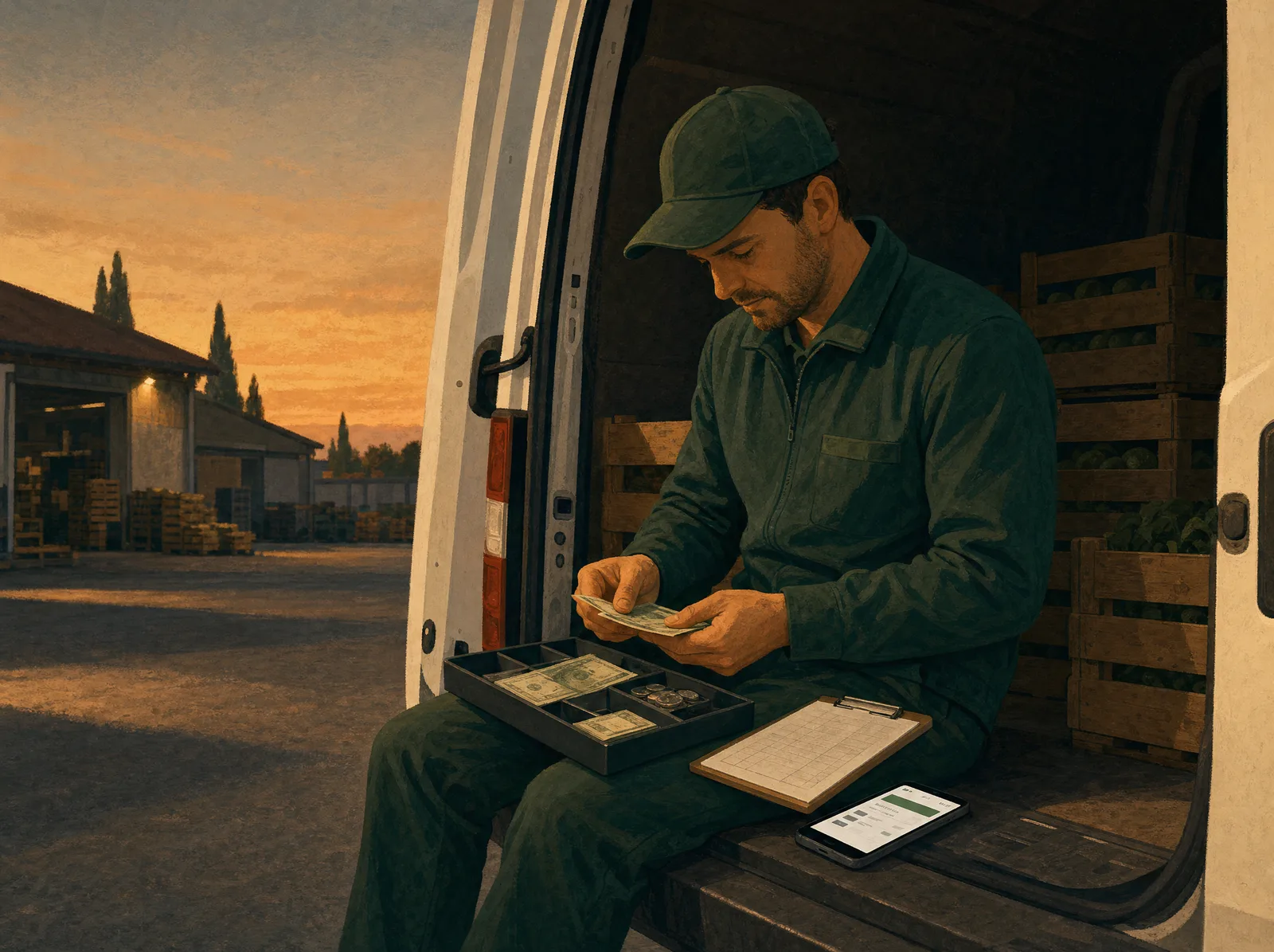 A van sales rep counting cash at the open rear door of the van at day close.