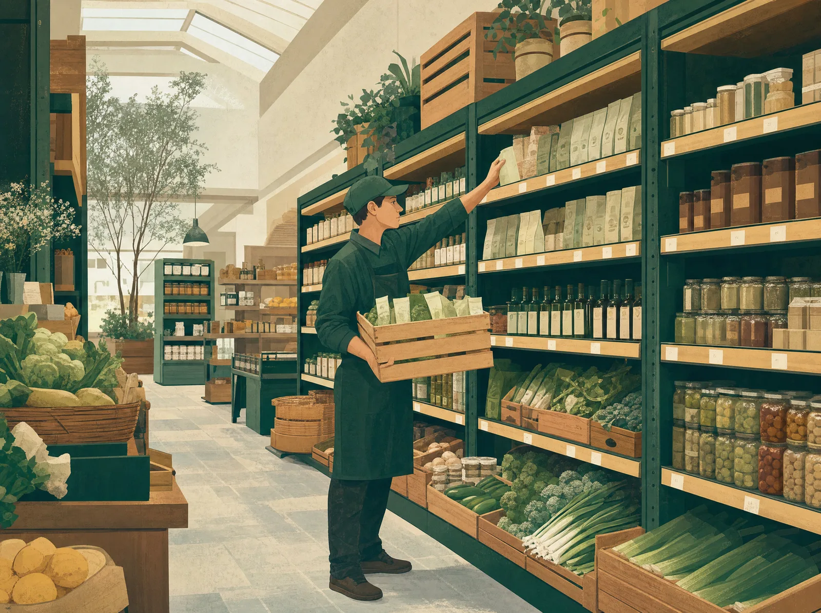 A stocked multi-store retail shelf aisle with a worker restocking from a crate.